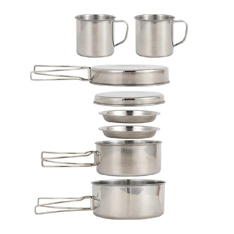 Camping Cooking Mess Kit - 8 ชิ้น/เซ็ต ชุดเครื่องครัวสำหรับตั้งแคมป์ ชุดหม้อและกระทะสแตนเลส พร้อมจาน ถ้วย