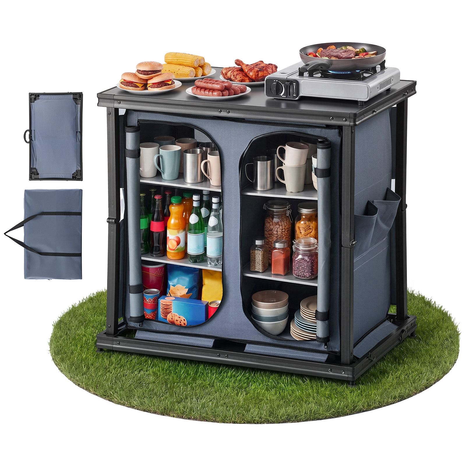 Camping Cooking Table With Storage - ตู้เก็บของพับได้สำหรับตั้งแคมป์, โต๊ะอลูมิเนียมน้ำหนักเบาแบบพกพาสำหรับใช้งานกลางแจ้ง, สถานีทำอาหารขนาดกะทัดรัดติดตั้งง่าย, พร้อมชั้นวาง 6 ชั้นและกระเป๋าหิ้ว,