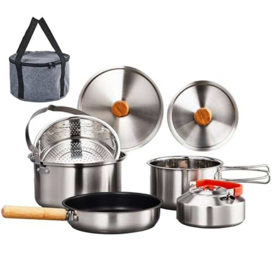 Nesting Camping Cooking Set - ชุดเครื่องครัวสำหรับแคมป์ปิ้ง, ชุดอุปกรณ์ทำอาหารแบบพับเก็บได้ น้ำหนักเบา ทำจากสแตนเลส พร้อมกระเป๋าสำหรับพกพา สำหรับทำอาหารบนกองไฟ