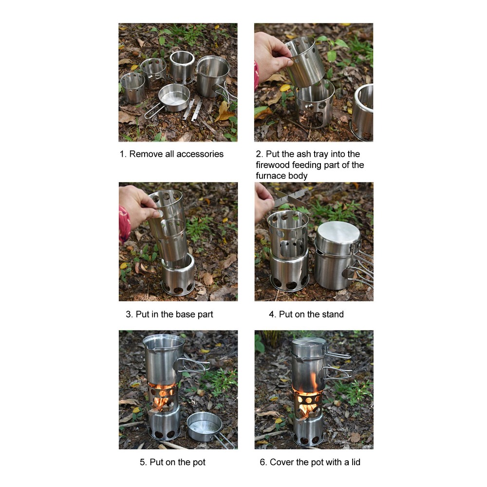 Camping Cooking Mesh - ชุดเครื่องครัวแคมป์ปิ้งสแตนเลสทนทาน พร้อมฐานกันลื่นและถุงตาข่าย ชุดหม้อทำอาหาร ชุดหม้อแคมป์ปิ้ง สำหรับทำอาหารกลางแจ้ง