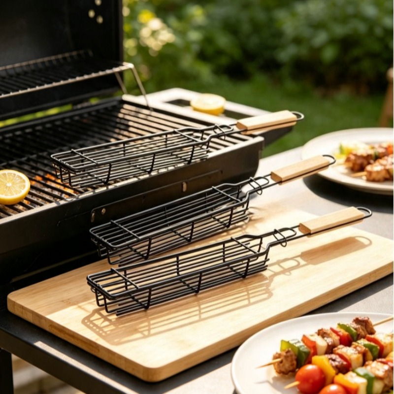 Nesting Camping Cooking Set - ตะกร้าย่างสแตนเลส 2/3 ชิ้น พร้อมด้ามจับไม้ อุปกรณ์บาร์บีคิวแบบซ้อนได้ สำหรับทำอาหารกลางแจ้งและตั้งแคมป์