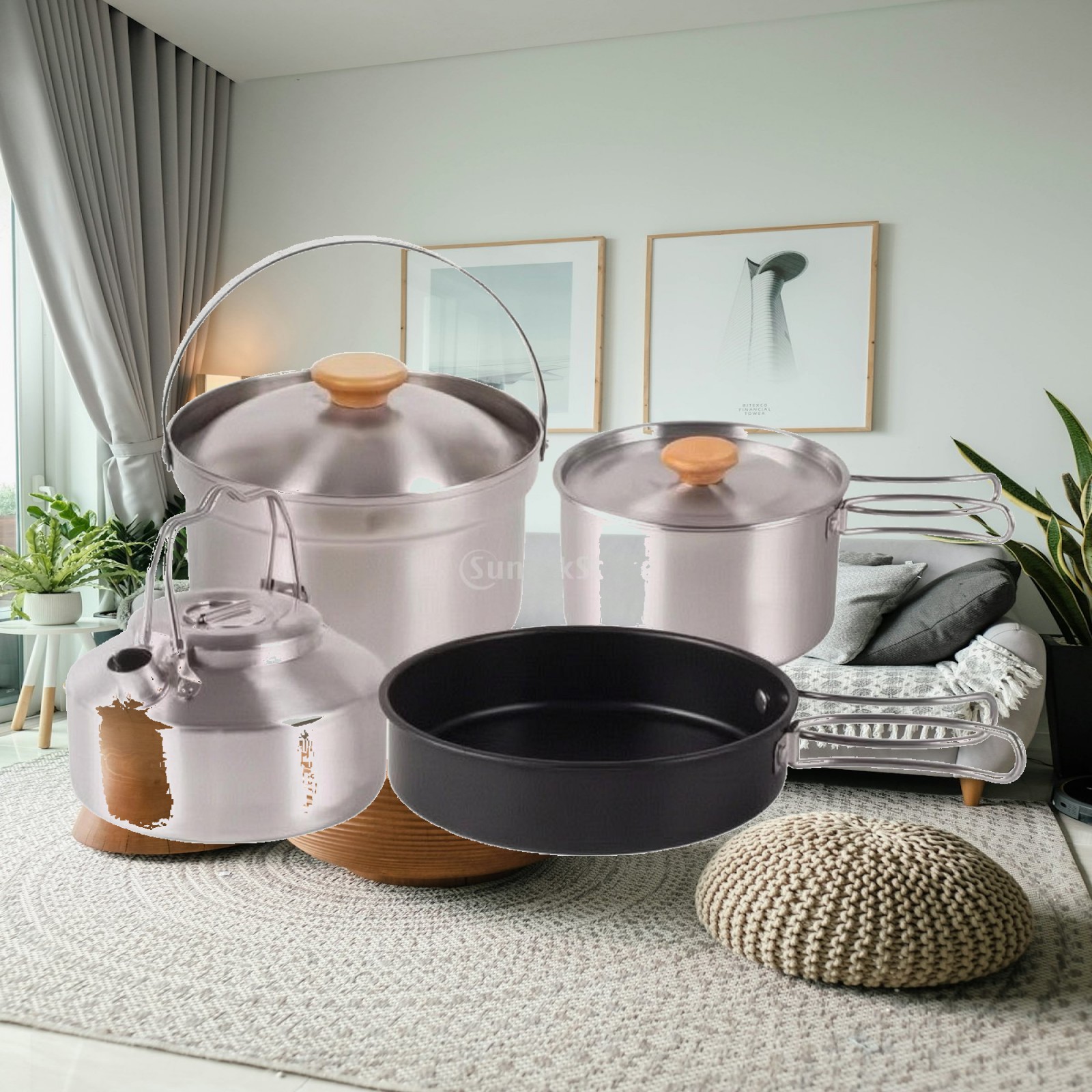 Nesting Camping Cooking Set - ชุดเครื่องครัวแคมป์ปิ้งสแตนเลส 4 ชิ้น พร้อมกาต้มน้ำ ชุดอุปกรณ์ทำอาหารแบบซ้อนกัน ทนความร้อน