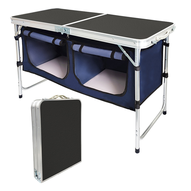 Camping Cooking Table With Storage - โต๊ะอลูมิเนียมพับได้น้ำหนักเบาสำหรับกลางแจ้งโต๊ะตั้งแคมป์ปรับความสูงได้พร้อมออแกไนเซอร์จัดเก็บสำหรับบาร์บีคิวปาร์ตี้ตั้งแคมป์