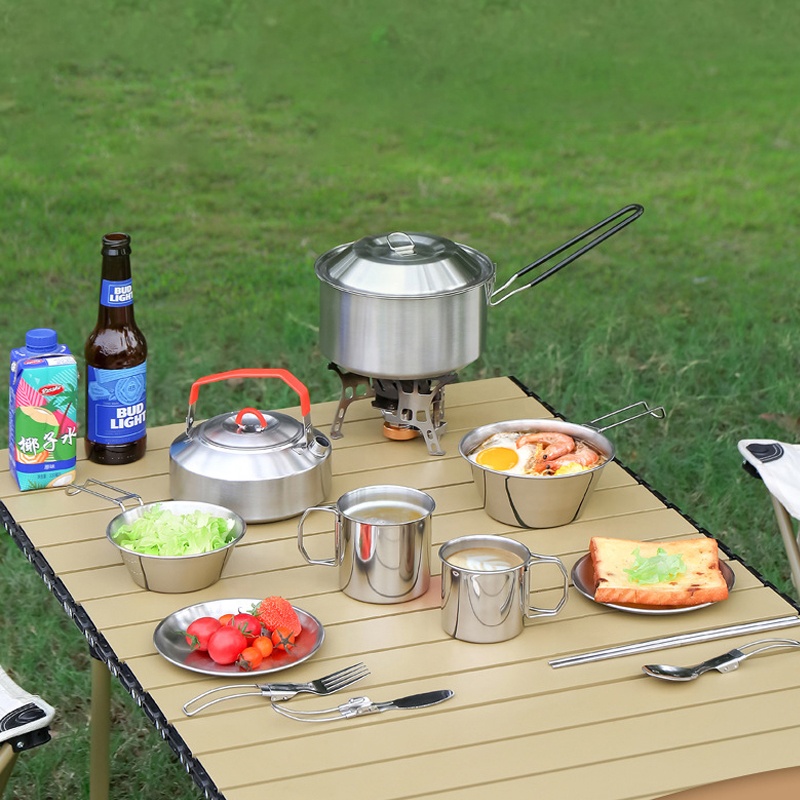 Camping Cooking Mess Kit - ชุดเครื่องครัวแคมป์ปิ้งสแตนเลส 304 สำหรับกิจกรรมกลางแจ้ง พกพาสะดวก หม้อและกระทะสำหรับปิกนิก ชุดทำอาหารแคมป์ปิ้ง