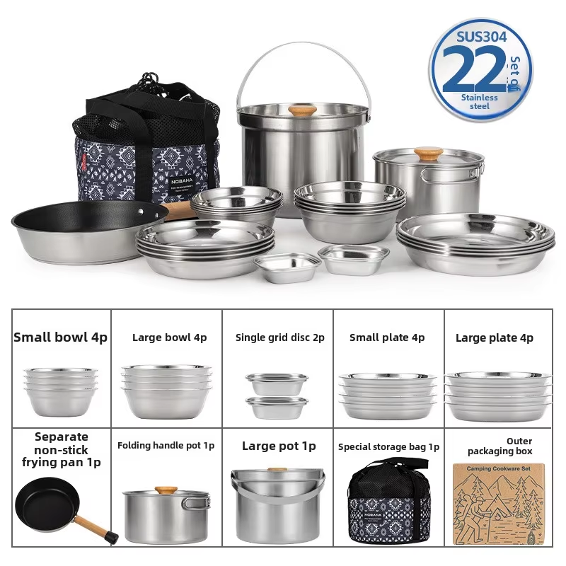 Camping Cooking Mesh - NOBANA ใหม่ล่าสุดกลางแจ้งชุดหม้อสแตนเลส Camping ครอบครัวชุดหม้อ 5L แบบพกพาปิคนิคซุปหม้อทอดนึ่งหม้อในครัวเรือน