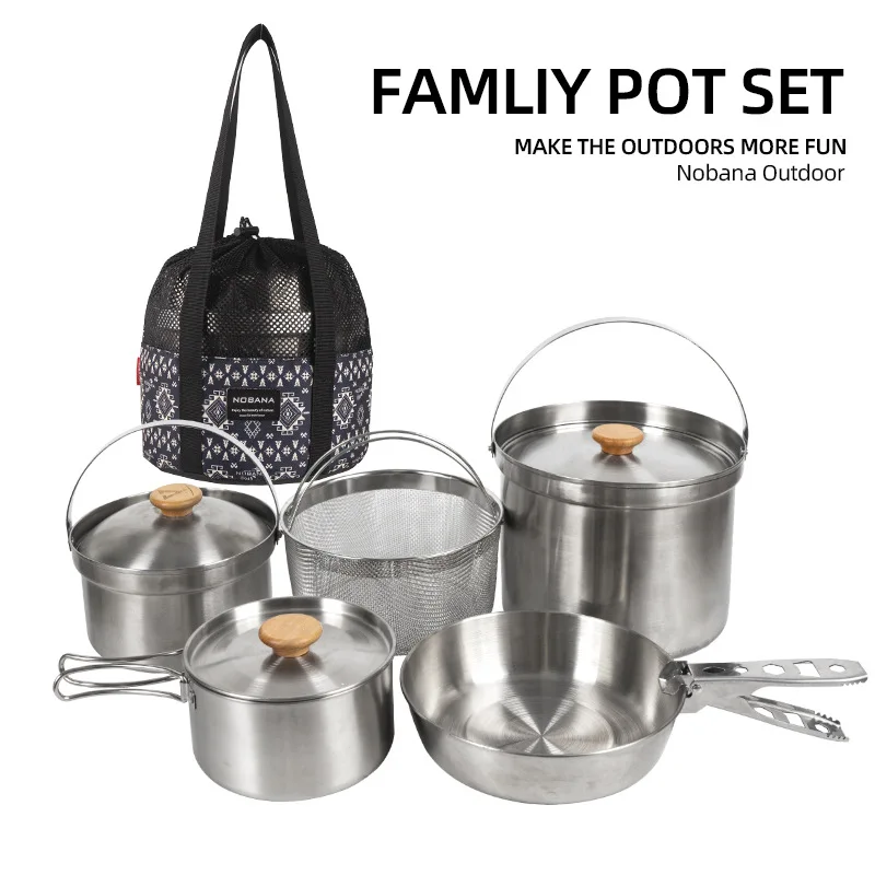 Camping Cooking Mesh - 2026 ใหม่ ชุดหม้อสแตนเลสสำหรับกิจกรรมกลางแจ้ง ชุดหม้อสำหรับครอบครัว 5 ลิตร