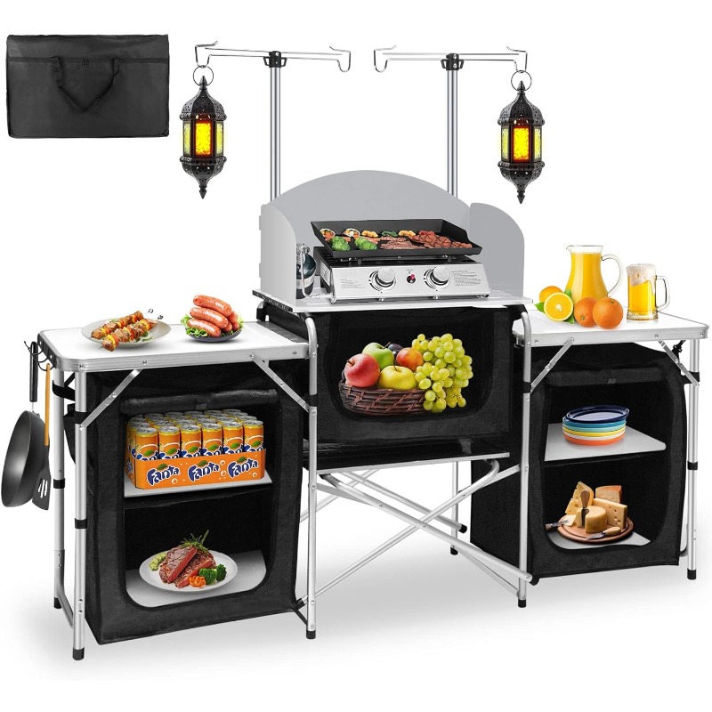 Camping Cooking Table With Storage - โต๊ะครัวพับได้สำหรับตั้งแคมป์กลางแจ้งแบบพกพา ขายดี พร้อมที่เก็บของ