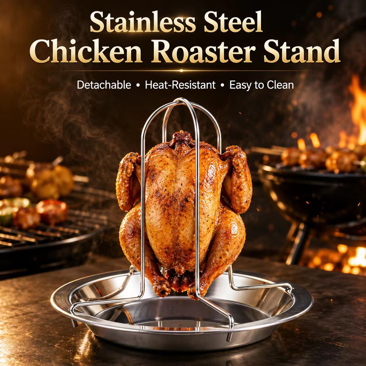 Camping Cooking Grill - ขาตั้งย่างไก่แบบพกพาสำหรับบาร์บีคิวกลางแจ้ง ใช้กับกองไฟสำหรับตั้งแคมป์ ปิกนิก และทำอาหารบาร์บีคิวในสวนหลังบ้าน