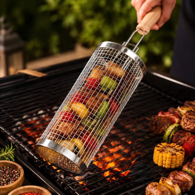 Camping Cooking Grill - ชุดตะกร้าย่างบาร์บีคิวทรงกลม สแตนเลส ตะแกรงเหล็กกลิ้งพร้อมท่อและด้ามจับ อุปกรณ์จำเป็นสำหรับการตั้งแคมป์กลางแจ้ง