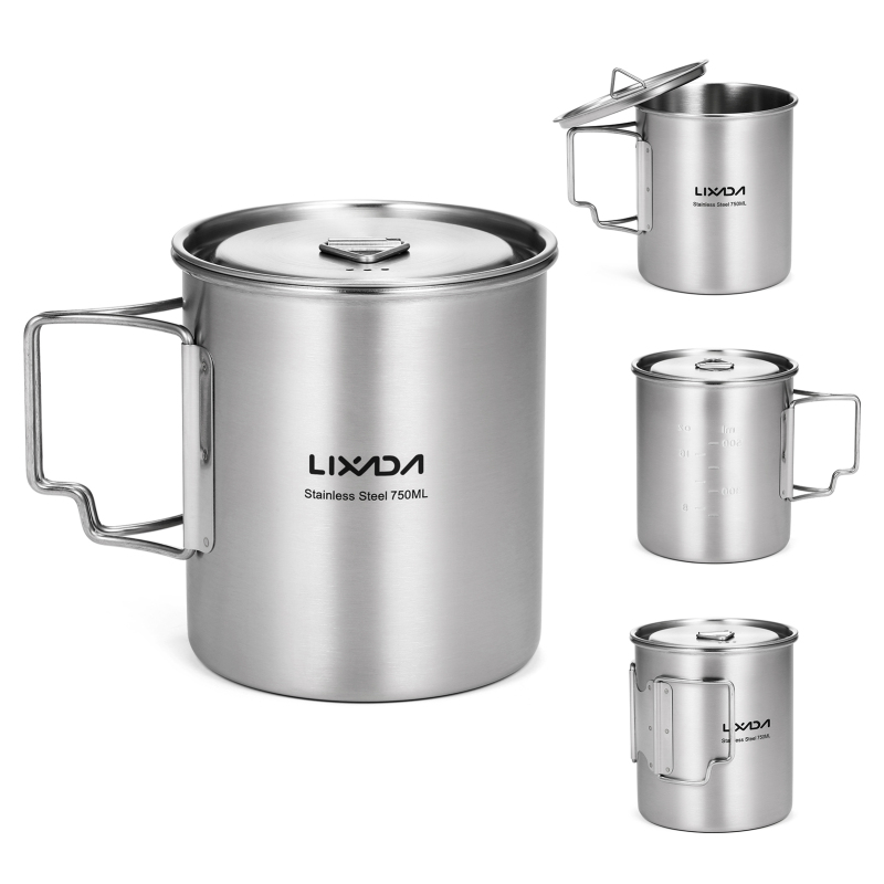 Camping Cooking Mesh - Lixada ถ้วยกระบอกใส่น้ำสแตนเลสสตีลกลางแจ้ง750มล. พร้อมที่จับพับได้และฝาปิดสำหรับเดินป่าตั้งแคมป์เป้สะพายหลัง