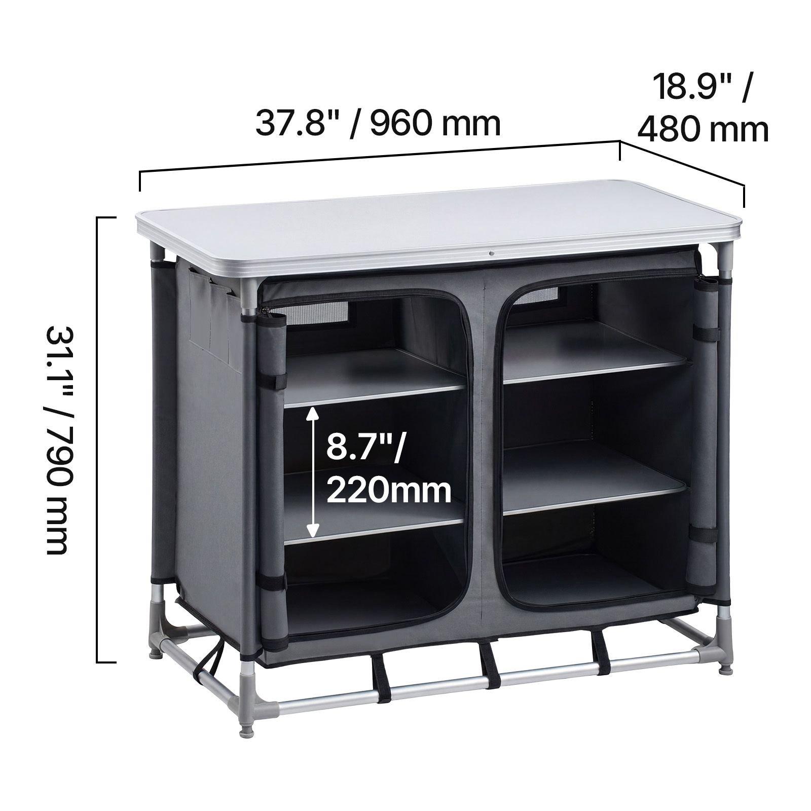 Camping Cooking Table With Storage - ตู้เก็บของสำหรับตั้งแคมป์, โต๊ะอลูมิเนียมน้ำหนักเบาแบบพกพาสำหรับใช้งานกลางแจ้ง, สถานีทำอาหารขนาดกะทัดรัดติดตั้งง่าย, มาพร้อมชั้นวาง 6 ชั้นและกระเป๋าสำหรับพกพา,
