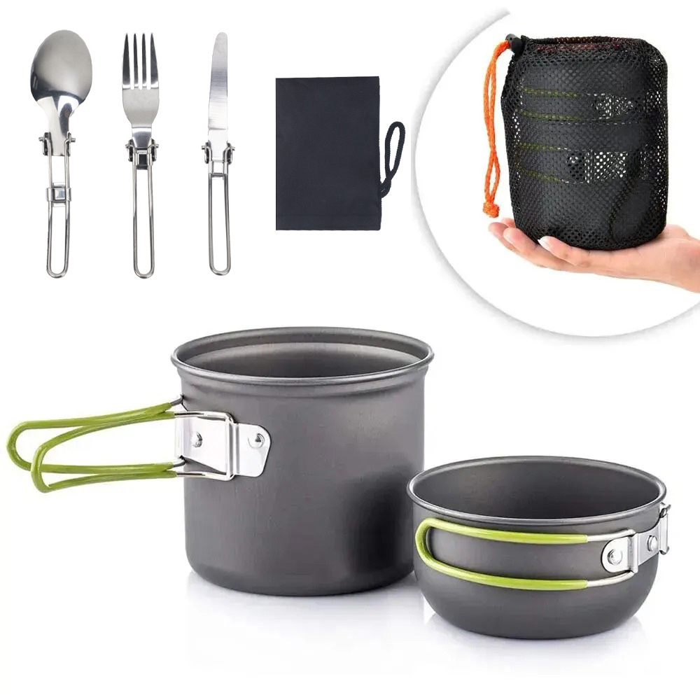 Camping Cooking Mess Kit - ชุดเครื่องครัวสำหรับตั้งแคมป์ ชุดหม้อแคมป์ปิ้งน้ำหนักเบา ชุดอุปกรณ์ทำอาหารกลางแจ้ง สำหรับการเดินป่า ปิกนิก ตกปลา
