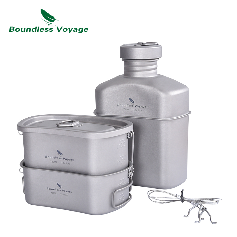 Camping Cooking Mess Kit - Boundless Voyage ไทเทเนียมโรงอาหารชุดทําอาหารกลางแจ้ง Camping เครื่องครัวโรงอาหารถ้วยชุด Ultralight