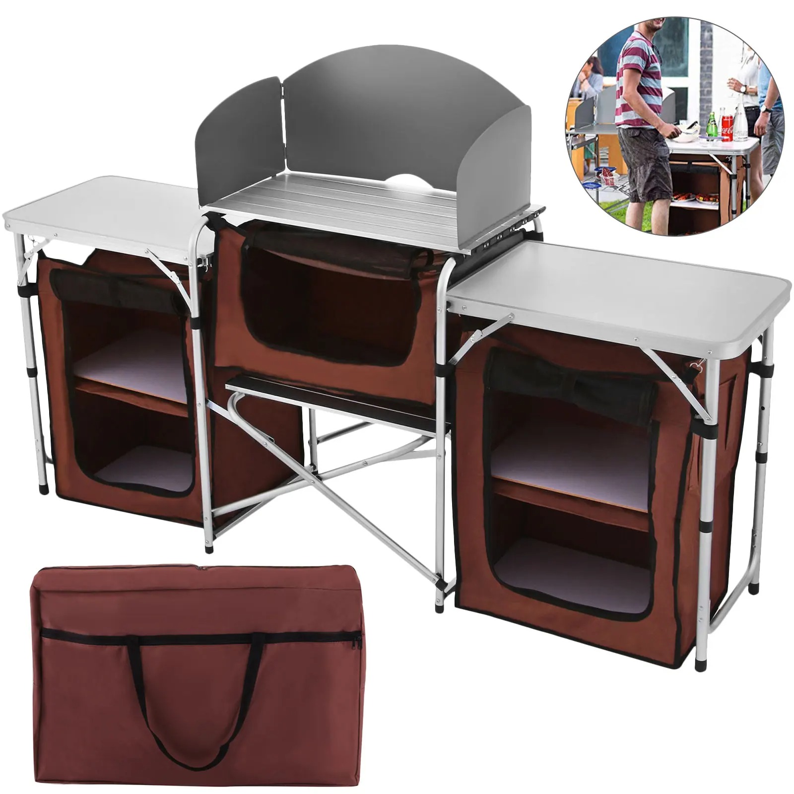 Camping Cooking Table With Storage - โต๊ะครัวพับได้สำหรับตั้งแคมป์ Singwinner พร้อมตู้เก็บของ ชั้นวางของสำหรับทำอาหาร โครงอะลูมิเนียมอัลลอยด์รูปตัว X