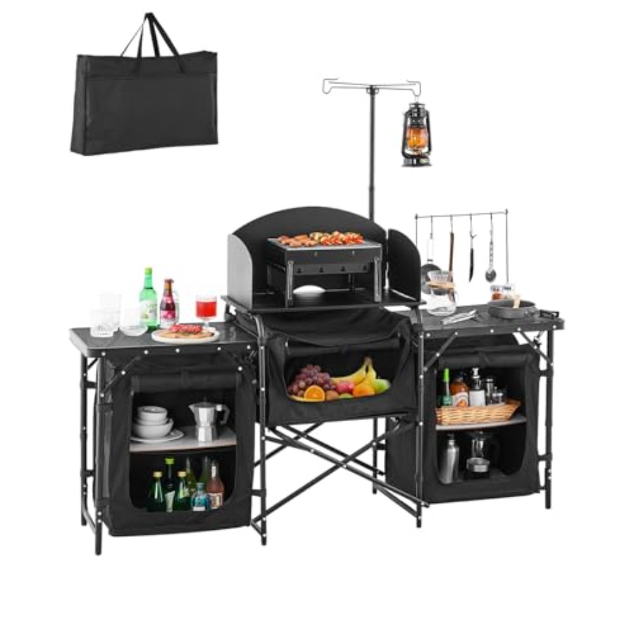 Camping Cooking Table With Storage - โต๊ะครัวแคมป์ปิ้ง, โต๊ะทำอาหารกลางแจ้ง, สถานีทำอาหารแบบพกพาอะลูมิเนียมพร้อมตู้เก็บของ 3 ช่อง, กระเป๋าหิ้ว,