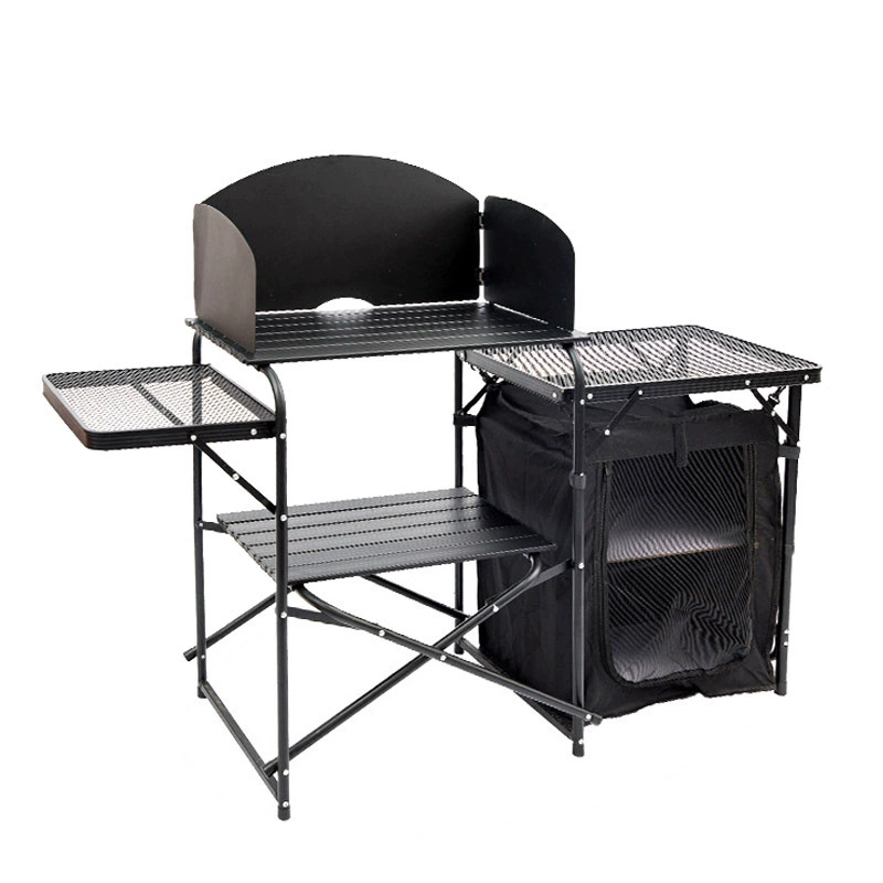 Camping Cooking Table With Storage - โต๊ะพับสำหรับตั้งแคมป์กลางแจ้ง, โต๊ะรับประทานอาหารอลูมิเนียมอัลลอย, ชุดครัวเคลื่อนที่สำหรับแคมป์ปิ้งพร้อมตู้ผ้า